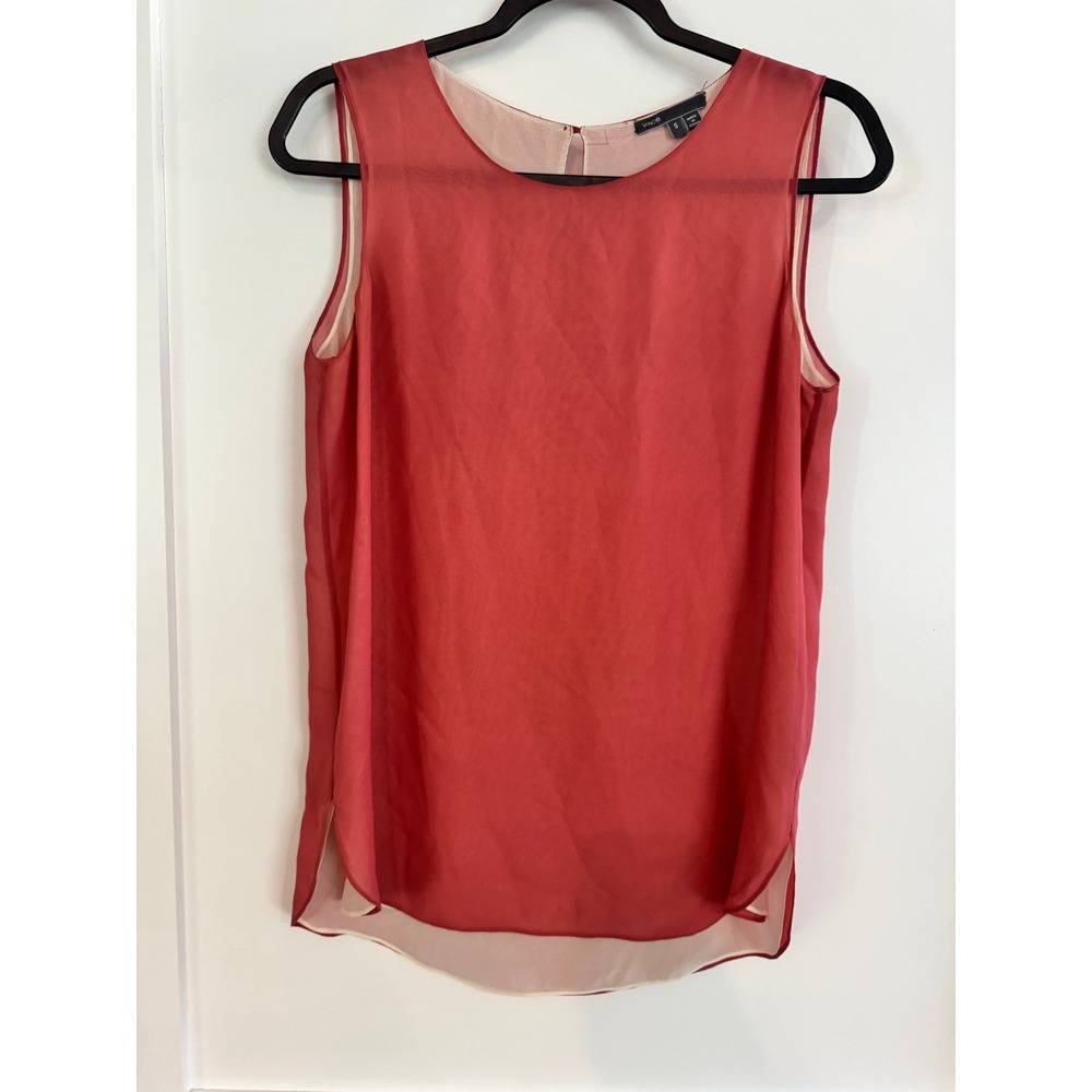 Vince Womens Coral Pink 100% Silk Sleeveless Double Layer Blouse Top Small